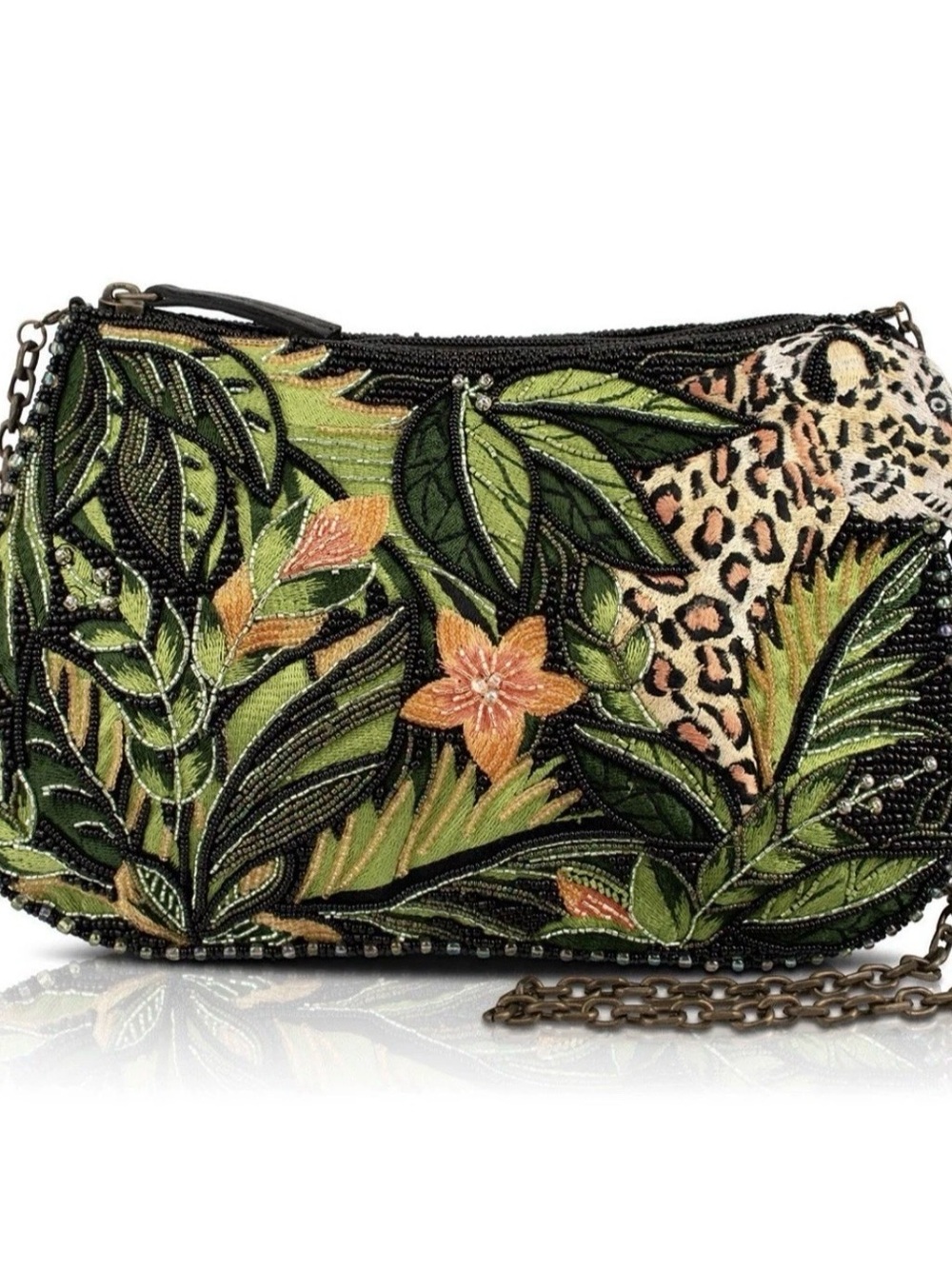 Mary‎ Frances Leopard & Tropical Leaf Beaded Crossbody - Green, Black, Peach